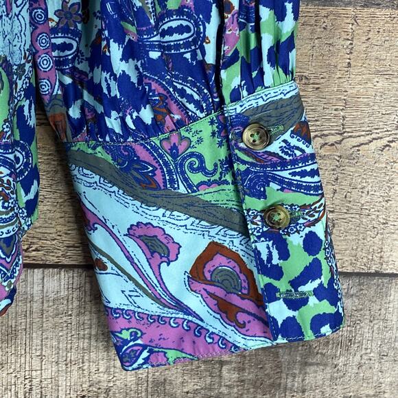 Free People Bianca Printed Blouse Long Sleeve Button Up Jade Combo Size Medium - Picture 9 of 11
